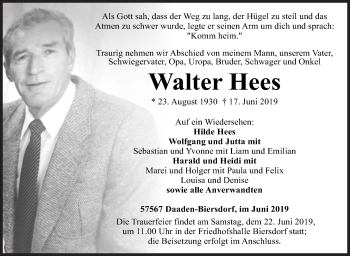 Traueranzeige von Walter Hees von Siegener Zeitung