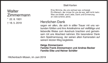 Traueranzeige von Walter Zimmermann von Siegener Zeitung