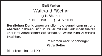 Traueranzeige von Waltraud Röcher von Siegener Zeitung