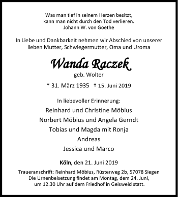 Traueranzeige von Wanda Raczek von Siegener Zeitung
