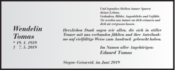 Traueranzeige von Wendelin Tomas von Siegener Zeitung