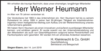 Traueranzeige von Werner Heumann von Siegener Zeitung