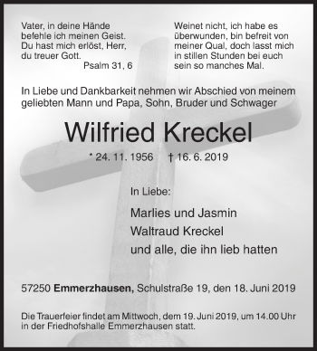 Traueranzeige von Wilfried Kreckel von Siegener Zeitung