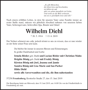 Traueranzeige von Wilhelm Diehl von Siegener Zeitung
