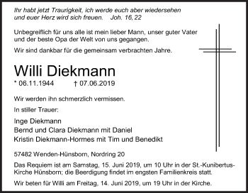 Traueranzeige von Willi Diekmann von Siegener Zeitung
