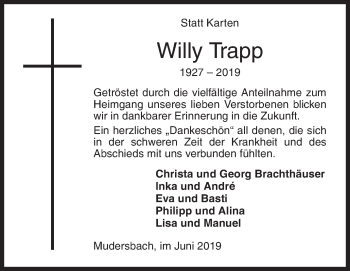 Traueranzeige von Willy Trapp von Siegener Zeitung