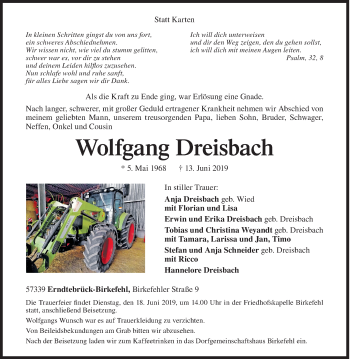Traueranzeige von Wolfgang Dreisbach von Siegener Zeitung