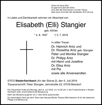 Traueranzeige von Elisabeth Stangier 