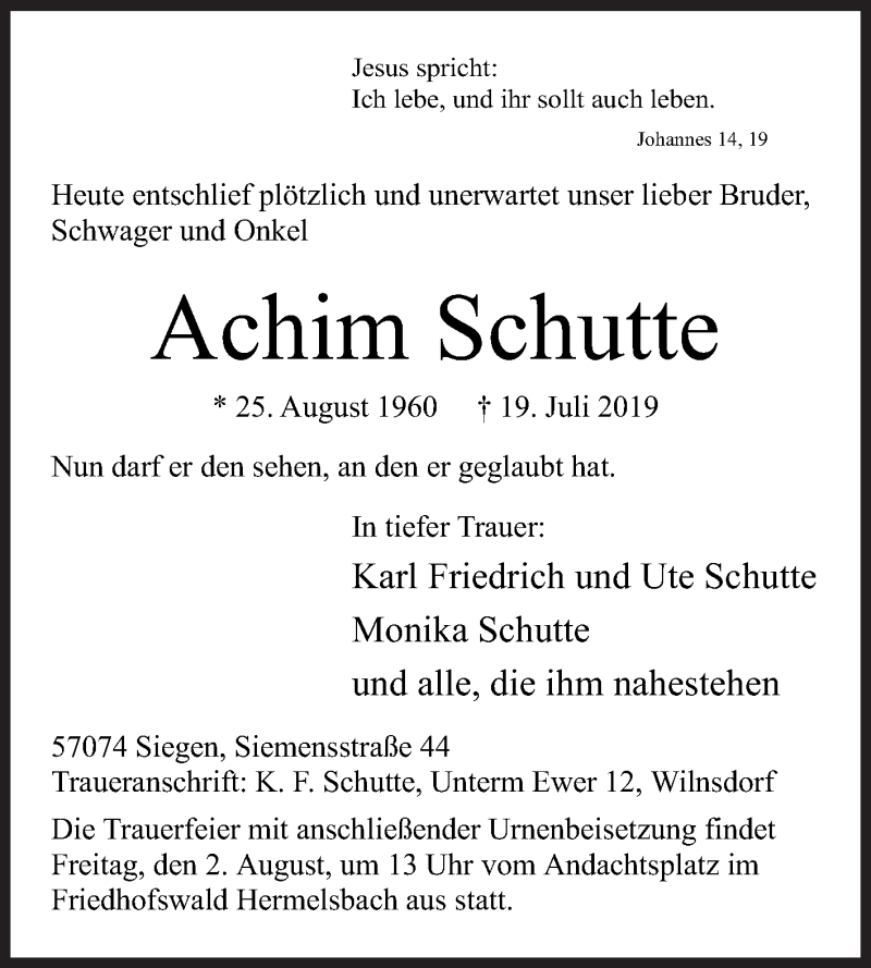  Traueranzeige für Achim Schutte vom 26.07.2019 aus Siegener Zeitung