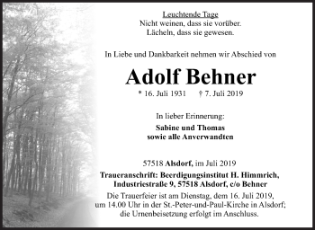 Traueranzeige von Adolf Behner von Siegener Zeitung