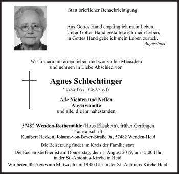 Traueranzeige von Agnes Schlechtinger von Siegener Zeitung