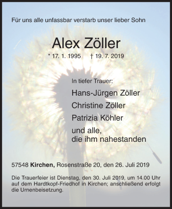 Traueranzeige von Alex Zöller von Siegener Zeitung
