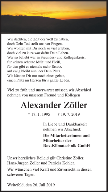 Traueranzeige von Alexander Zöller von Siegener Zeitung