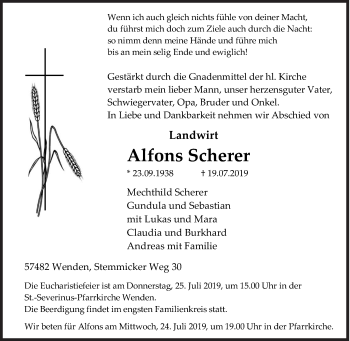 Traueranzeige von Alfons Scherer von Siegener Zeitung