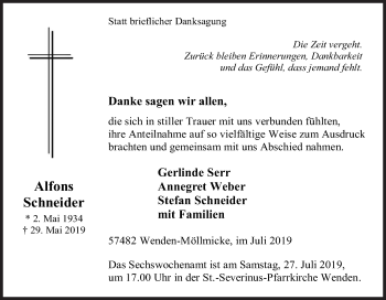 Traueranzeige von Alfons Schneider von Siegener Zeitung