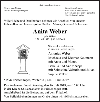 Traueranzeige von Anita Weber von Siegener Zeitung