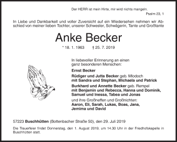 Traueranzeige von Anke Becker von Siegener Zeitung