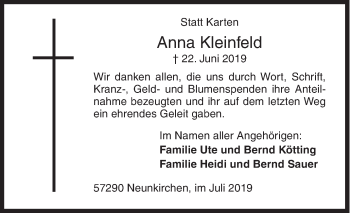 Traueranzeige von Anna Kleinfeld von Siegener Zeitung