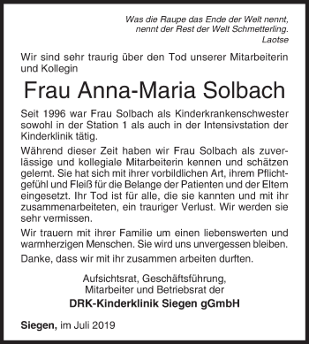 Traueranzeige von Anna-Maria Solbach von Siegener Zeitung