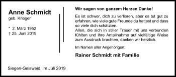 Traueranzeige von Anne Schmidt von Siegener Zeitung
