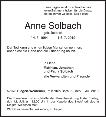 Traueranzeige von Anne Solbach von Siegener Zeitung