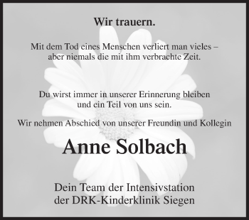 Traueranzeige von Anne Solbach von Siegener Zeitung