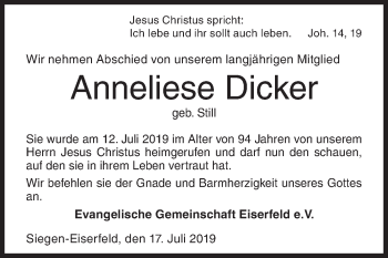Traueranzeige von Anneliese Dicker von Siegener Zeitung