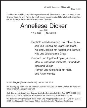 Traueranzeige von Anneliese Dicker von Siegener Zeitung