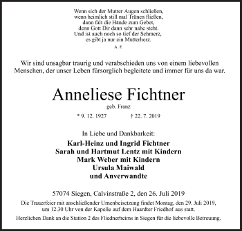 Traueranzeige von Anneliese Fichtner von Siegener Zeitung