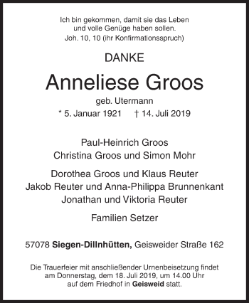 Traueranzeige von Anneliese Groos von Siegener Zeitung