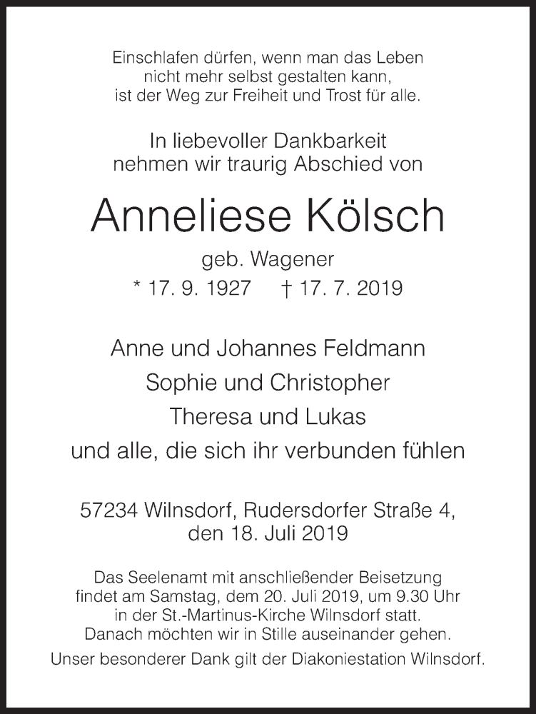  Traueranzeige für Anneliese Kölsch vom 18.07.2019 aus Siegener Zeitung