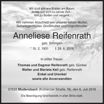 Traueranzeige von Anneliese Reifenrath von Siegener Zeitung