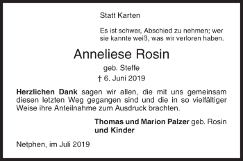 Traueranzeige von Anneliese Rosin von Siegener Zeitung