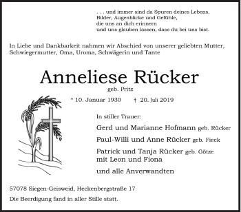 Traueranzeige von Anneliese Rücker von Siegener Zeitung