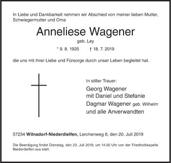 Traueranzeige von Anneliese Wagener von Siegener Zeitung