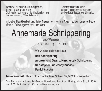 Traueranzeige von Annemarie Schnippering von Siegener Zeitung