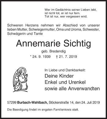 Traueranzeige von Annemarie Sichtig von Siegener Zeitung