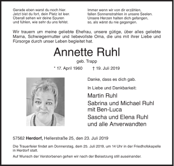 Traueranzeige von Annette Ruhl von Siegener Zeitung