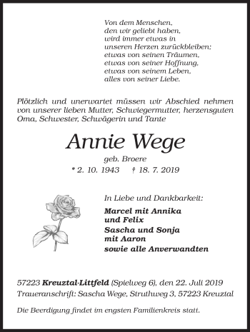Traueranzeige von Annie Wege von Siegener Zeitung