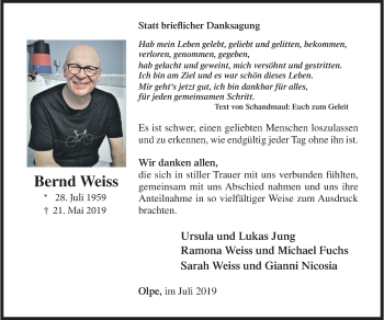Traueranzeige von Bernd Weiss von Siegener Zeitung
