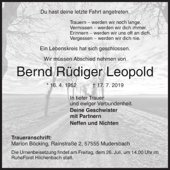 Traueranzeige von Bernd Rüdiger Leopold von Siegener Zeitung