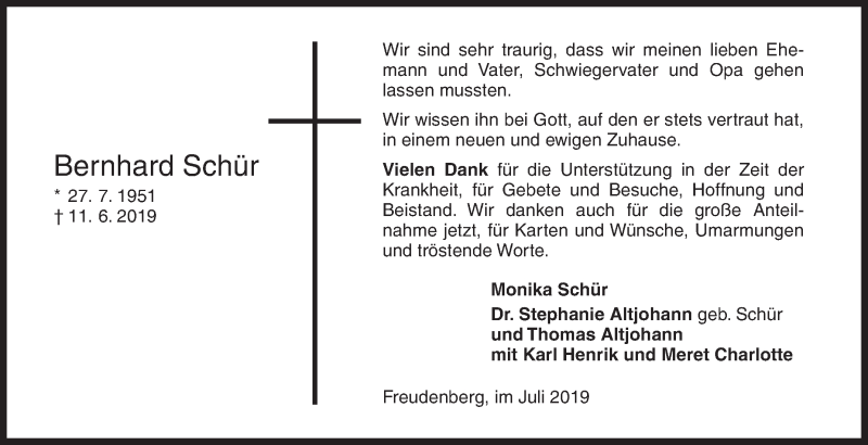  Traueranzeige für Bernhard Schür vom 13.07.2019 aus Siegener Zeitung
