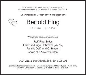 Traueranzeige von Bertold Flug von Siegener Zeitung