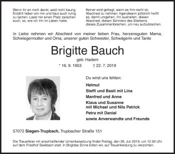 Traueranzeige von Brigitte Bauch von Siegener Zeitung