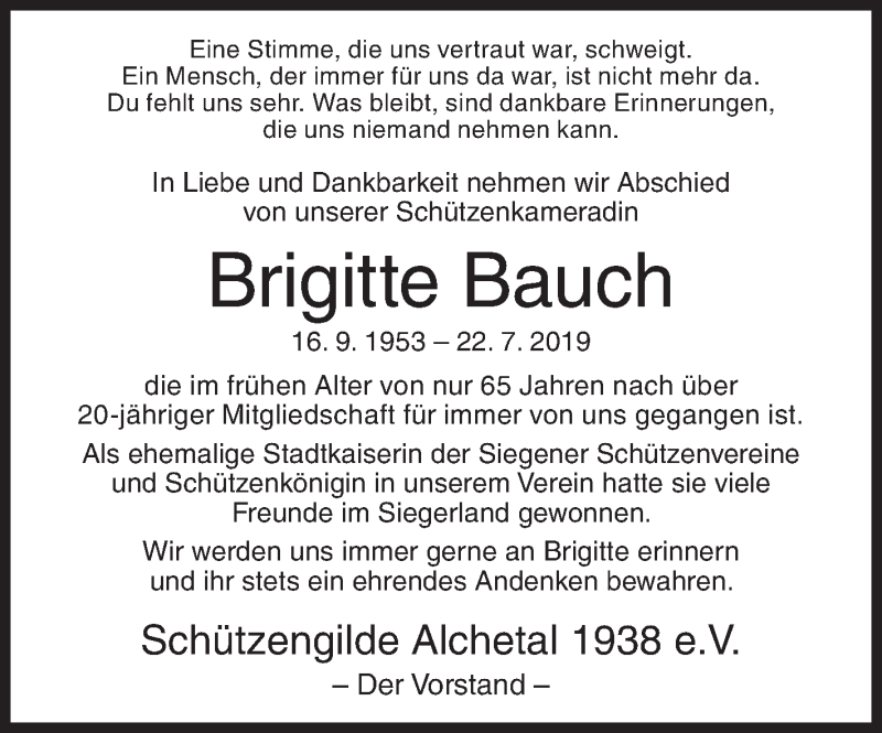  Traueranzeige für Brigitte Bauch vom 25.07.2019 aus Siegener Zeitung