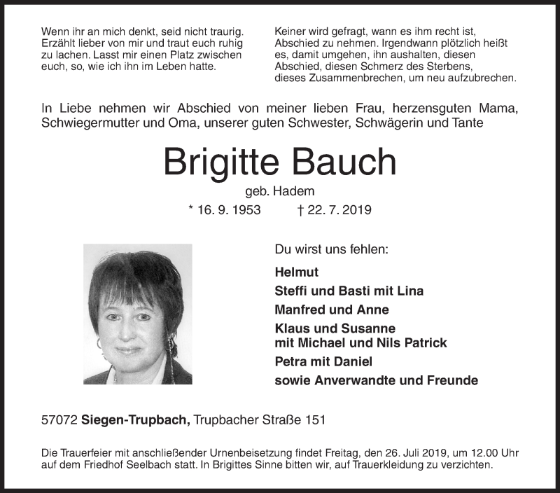  Traueranzeige für Brigitte Bauch vom 24.07.2019 aus Siegener Zeitung
