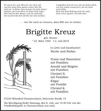 Traueranzeige von Brigitte Kreuz von Siegener Zeitung