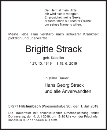 Traueranzeige von Brigitte Strack von Siegener Zeitung