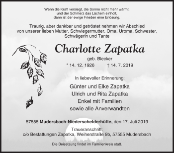 Traueranzeige von Charlotte Zapatka von Siegener Zeitung