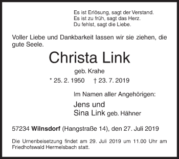 Traueranzeige von Christa Link von Siegener Zeitung